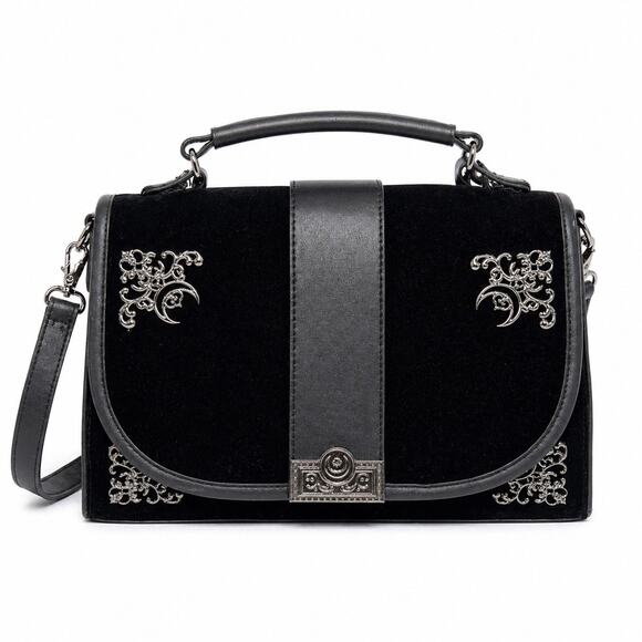 Killstar Handbags - Killstar Gothic Black Velvet Satchel Handbag Purse Medium Silver Filigree NWOT